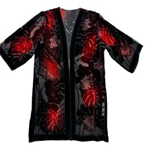VTG Burnout Velvet Tropical Leaves Black Red Kimono OS